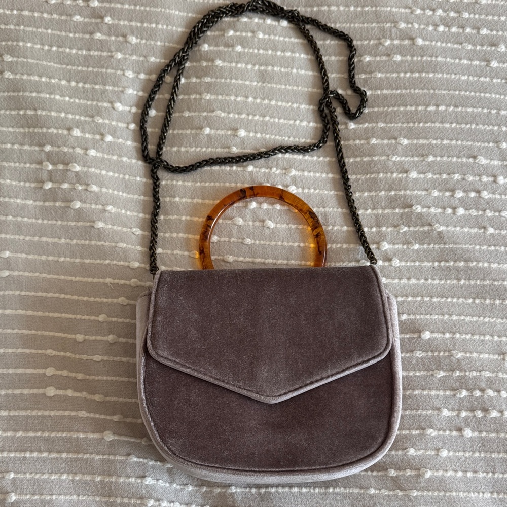 Anthropologie Gray Suede Crossbody Bag with Chain and Tortoiseshell Handle